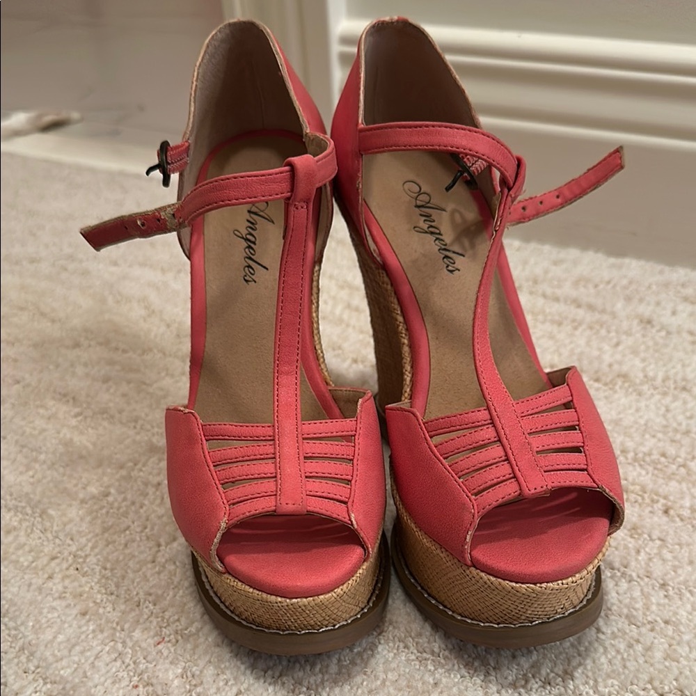 Angels Pink Wedge Sandals with Ankle Strap and Cut-Out Details